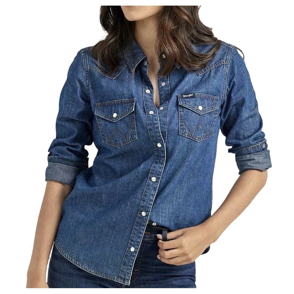 Wrangler Retro Denim Chambray Pearl Snap Shirt Women's Large Western Rodeo Ranch